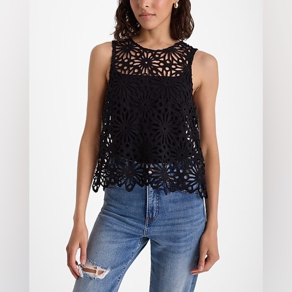 Express Crochet Scalloped Hem Tank Black Size XS